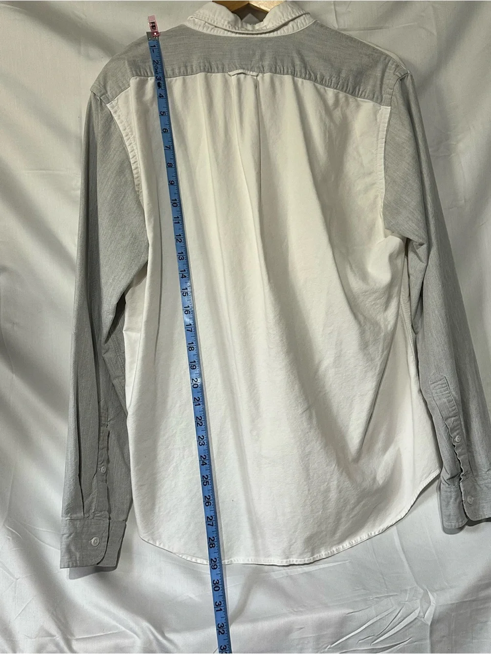J. Crew Men's White Shirt with Light Gray Sleeves and Pocket